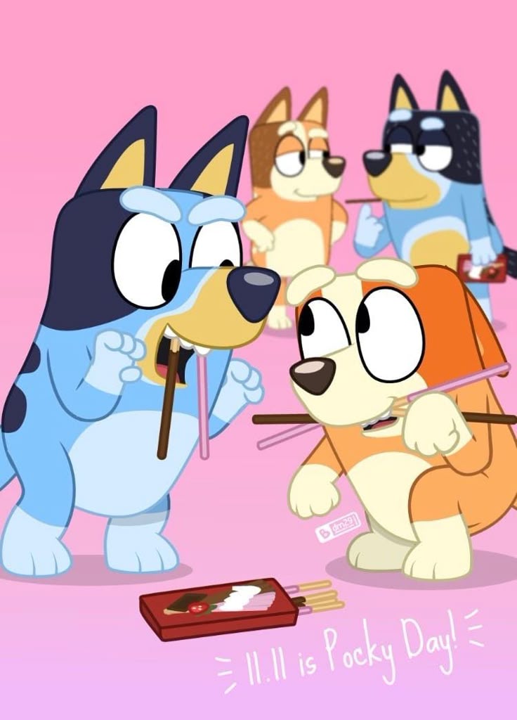 some cartoon dogs are eating sushi and chopsticks
