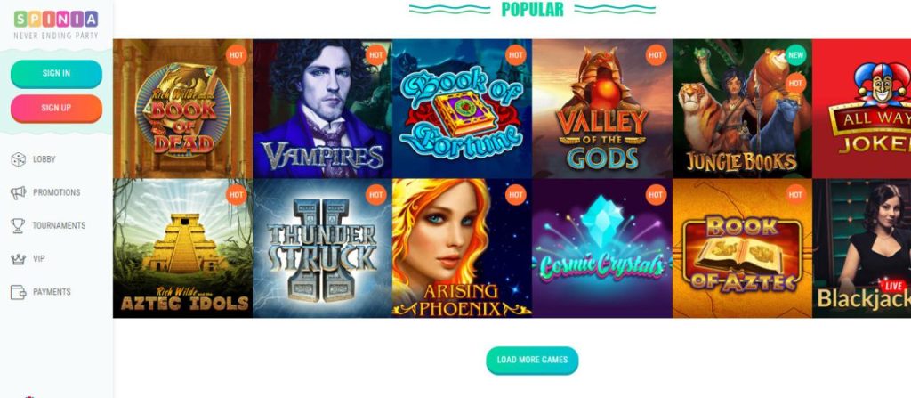 Spinia Casino | 100%/$1250 + 125 FS | CasinoDaddy Review