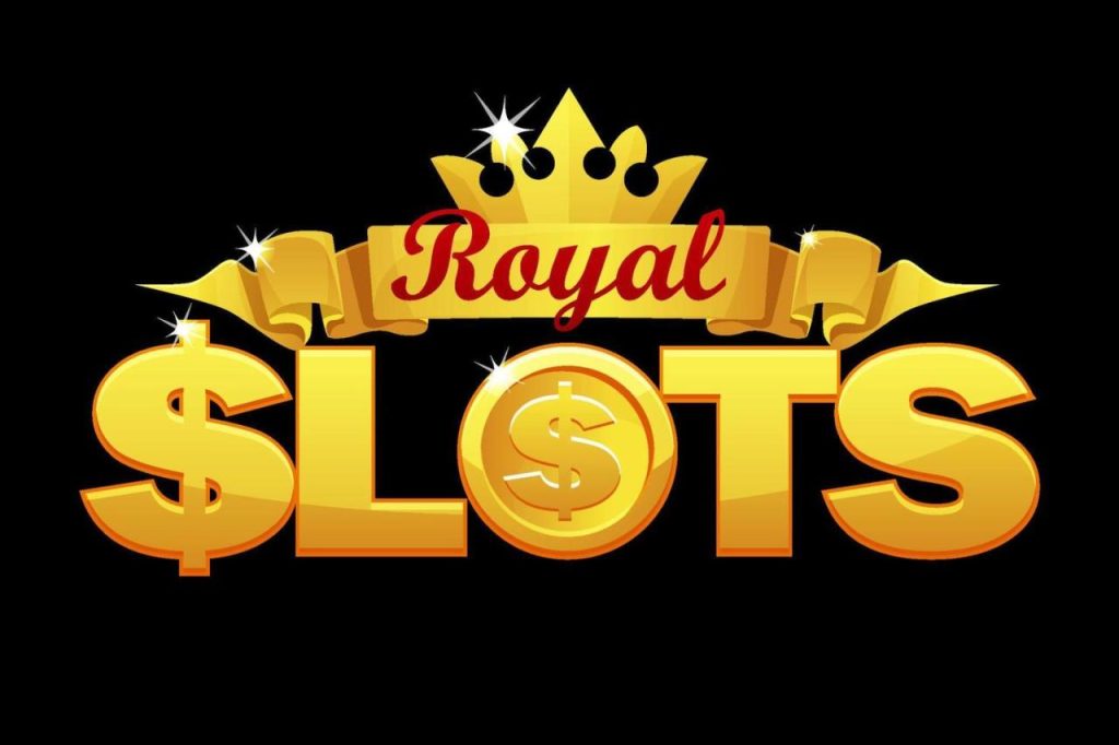 Royal slot logo, golden crown and ribbon for game of casino. Vector ...