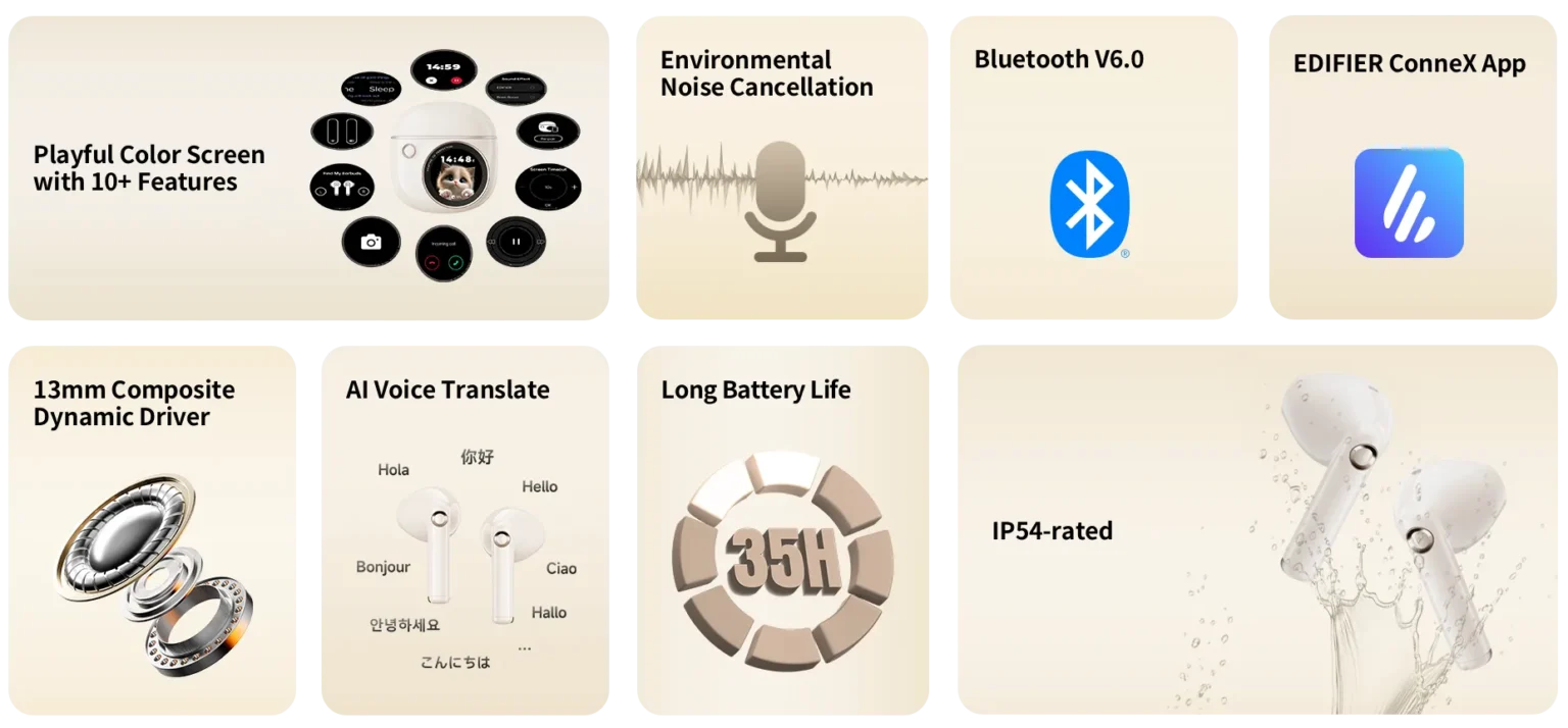 Tai nghe true wireless Edifier JoyBuds 16 Tai nghe true wireless Edifier JoyBuds màu trắng kèm hộp sạc có màn hình cảm ứng hiển thị hình nền động