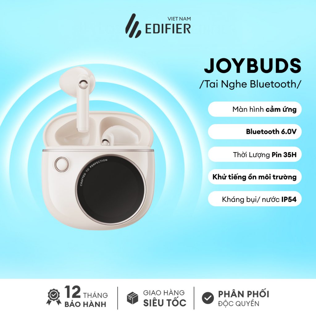 Tai nghe true wireless Edifier JoyBuds 1 Tai nghe true wireless Edifier JoyBuds – Driver 13mm, Hộp sạc màn hình cảm ứng, Thời lượng 32 giờ, IP55
