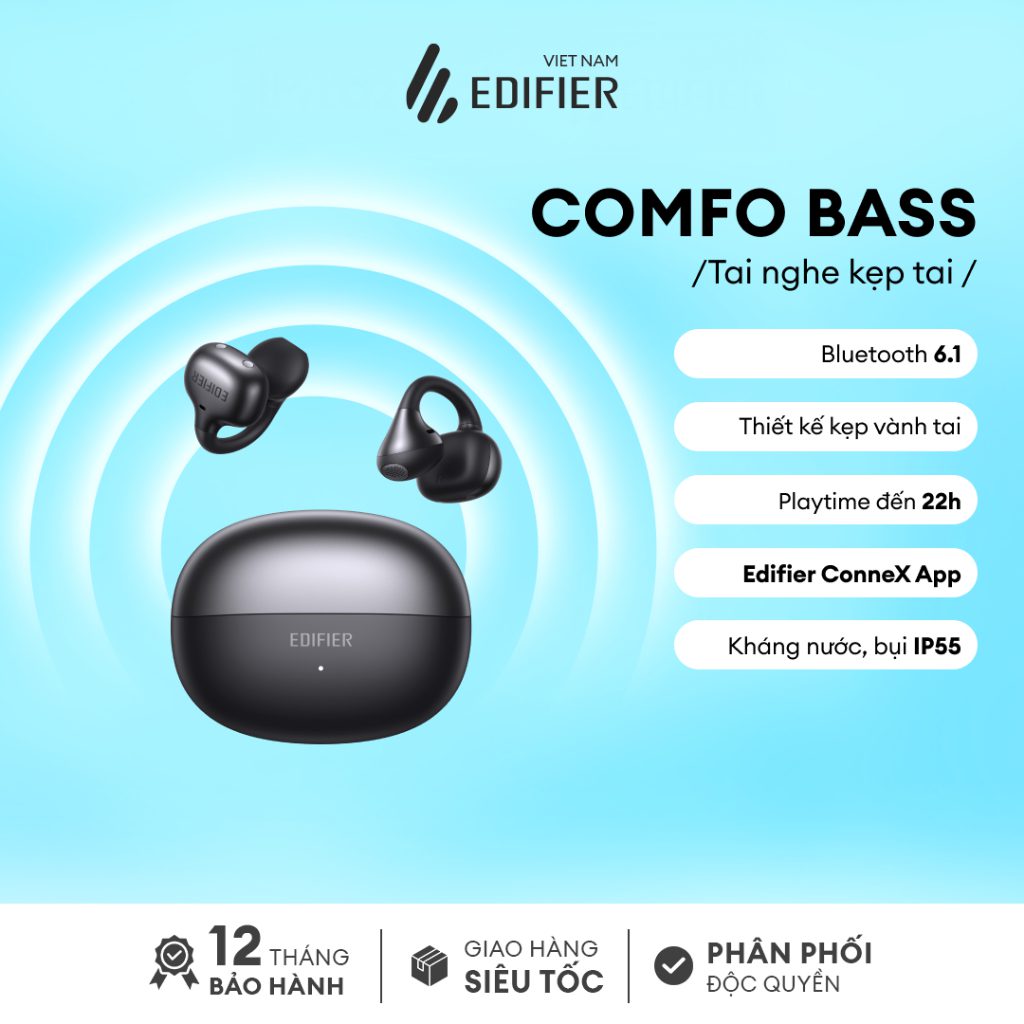 Tai nghe open-ear Edifier Comfo Bass – Driver 12mm, Bluetooth 6.1, Thời lượng 22 giờ, Chống nước IP55